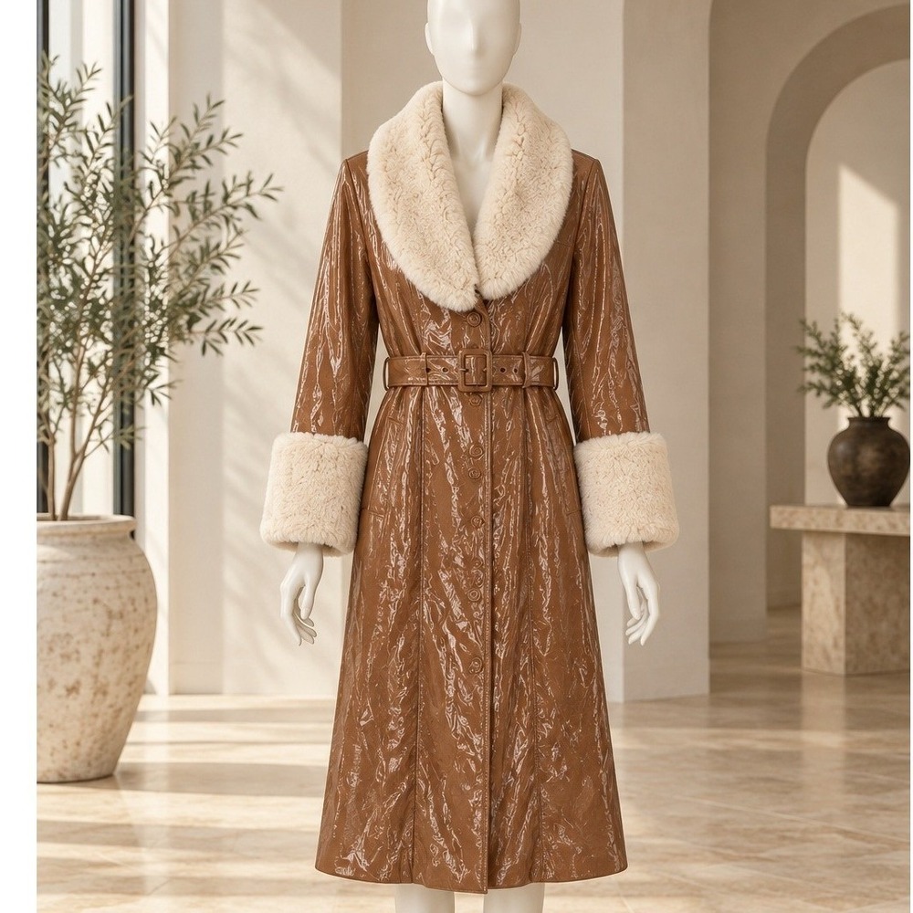 Elie Tahari Women Trench Coat Faux Leather Fur Trim Rosewood Ecru Petite
